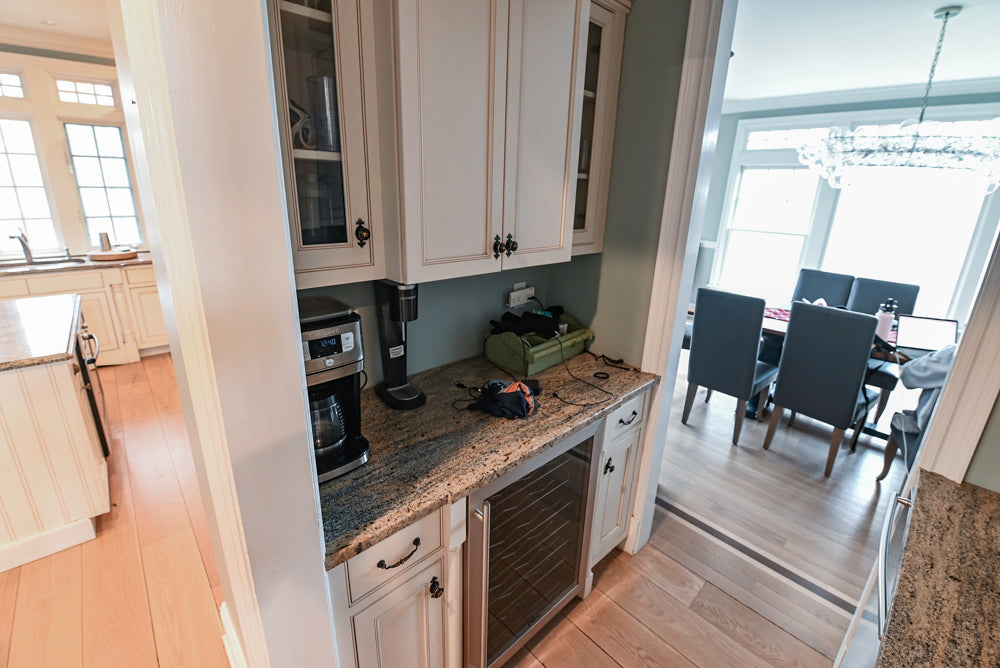 Omega Traditional Light Cream Butler's Pantry with Granite Countertops and Wine Cooler