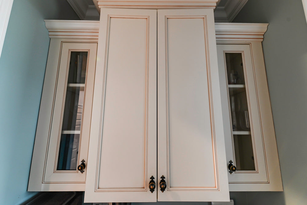 Omega Traditional Light Cream Butler's Pantry with Granite Countertops and Wine Cooler