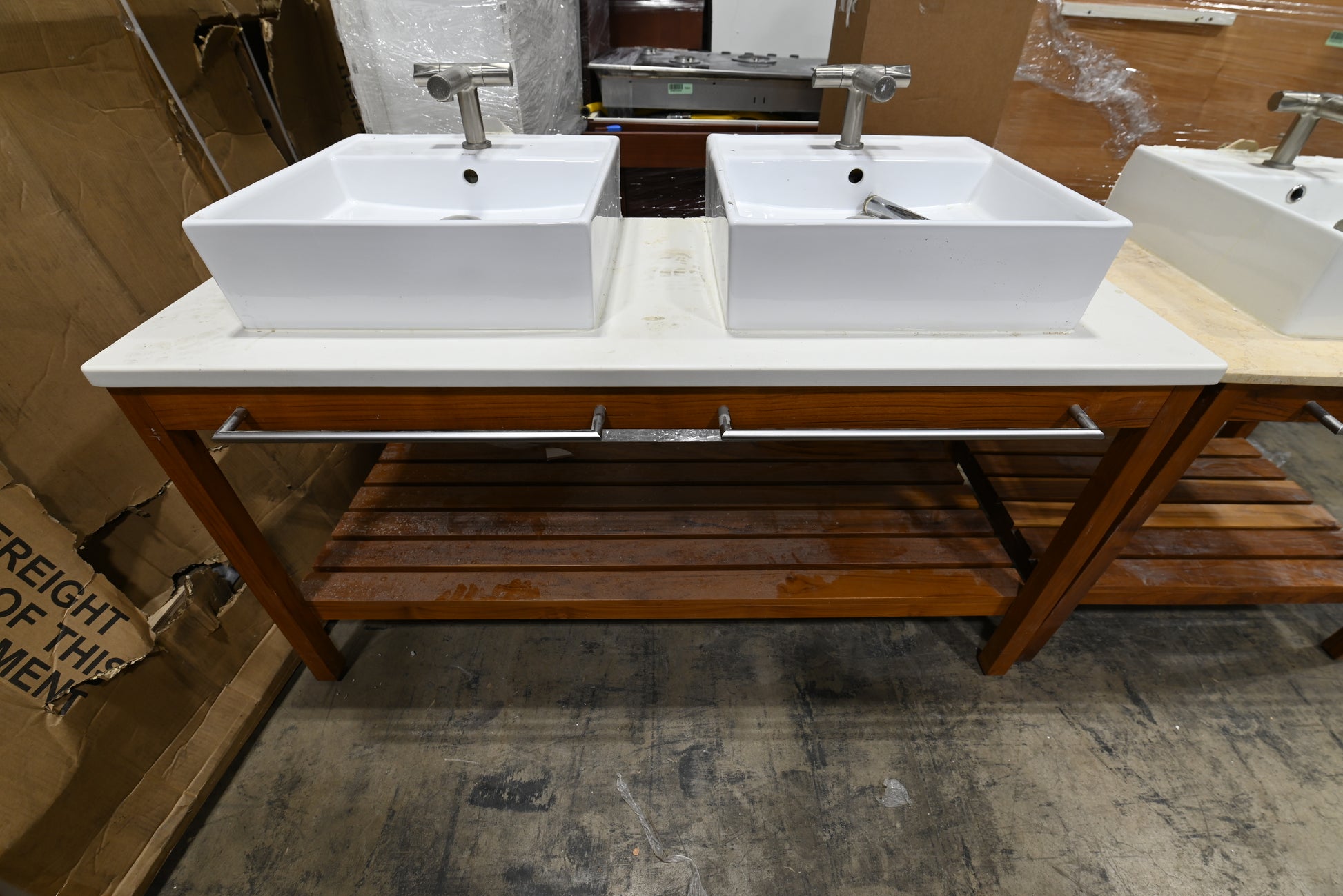 Modern 54" Wooden Double Vanity with White Top, Top Mount Sinks and Faucets