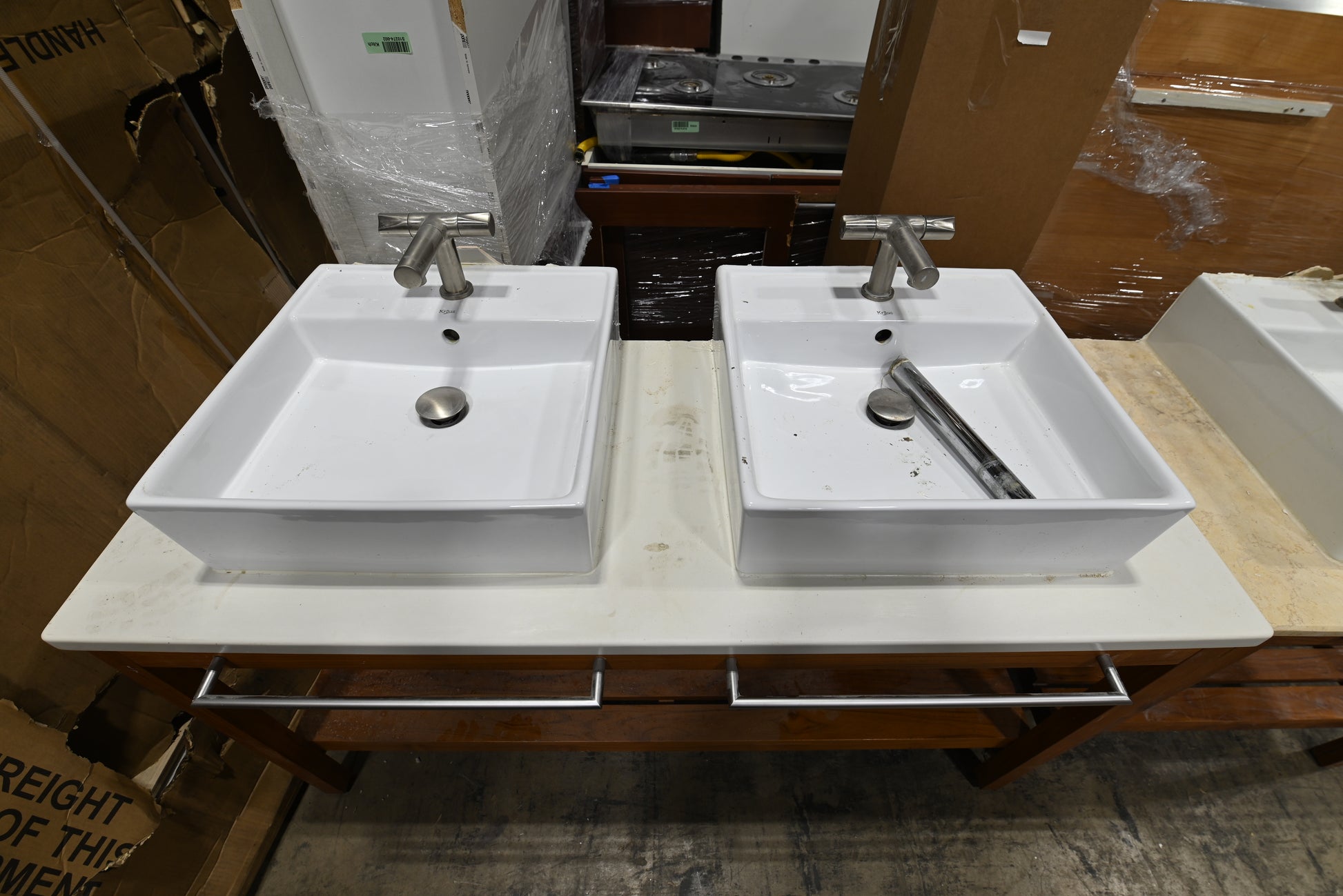 Modern 54" Wooden Double Vanity with White Top, Top Mount Sinks and Faucets
