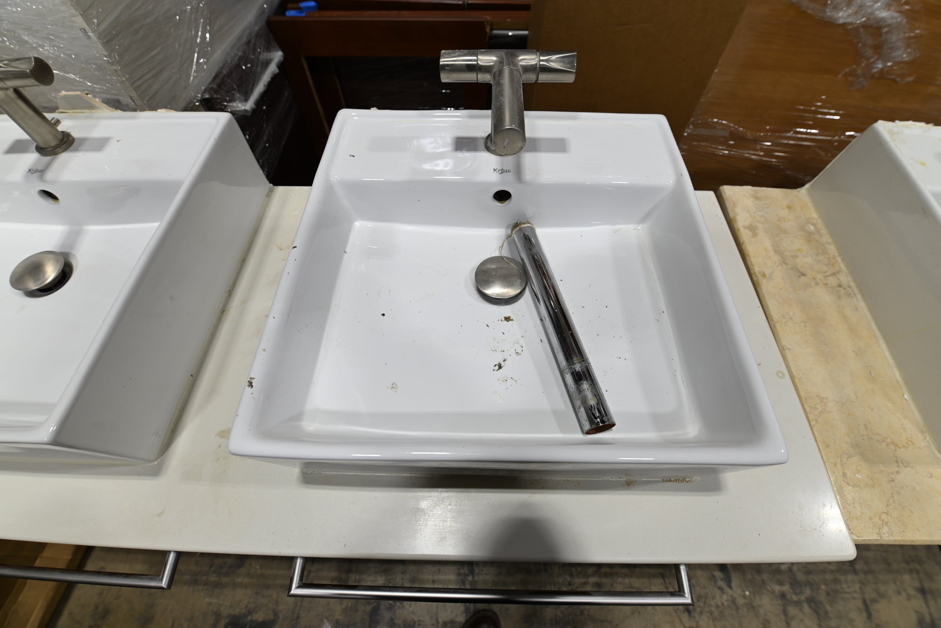 Modern 54" Wooden Double Vanity with White Top, Top Mount Sinks and Faucets