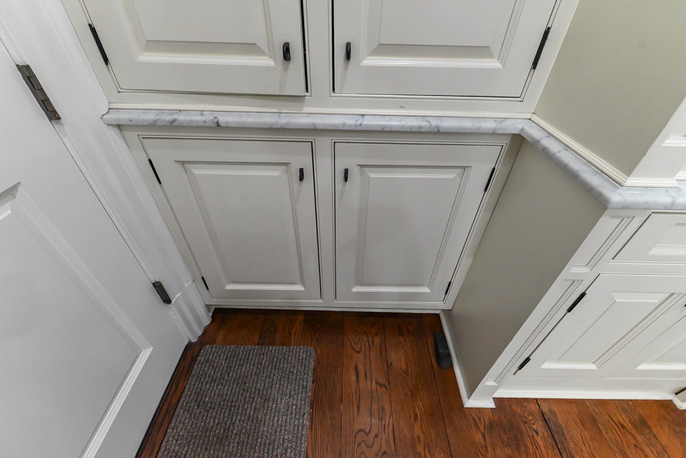 Traditional Creamy White Kitchen with Island, Marble Countertops and Appliances