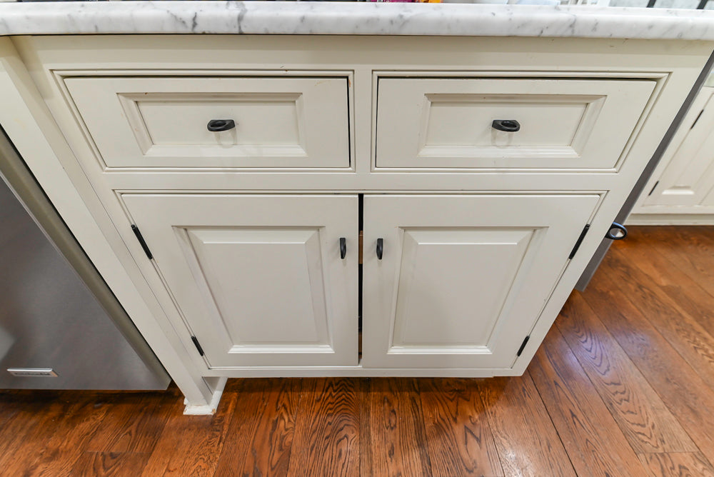 Traditional Creamy White Kitchen with Island, Marble Countertops and Appliances