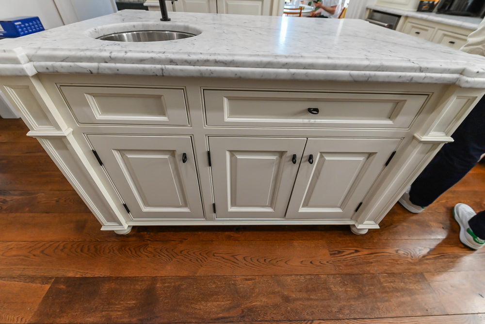 Traditional Creamy White Kitchen with Island, Marble Countertops and Appliances