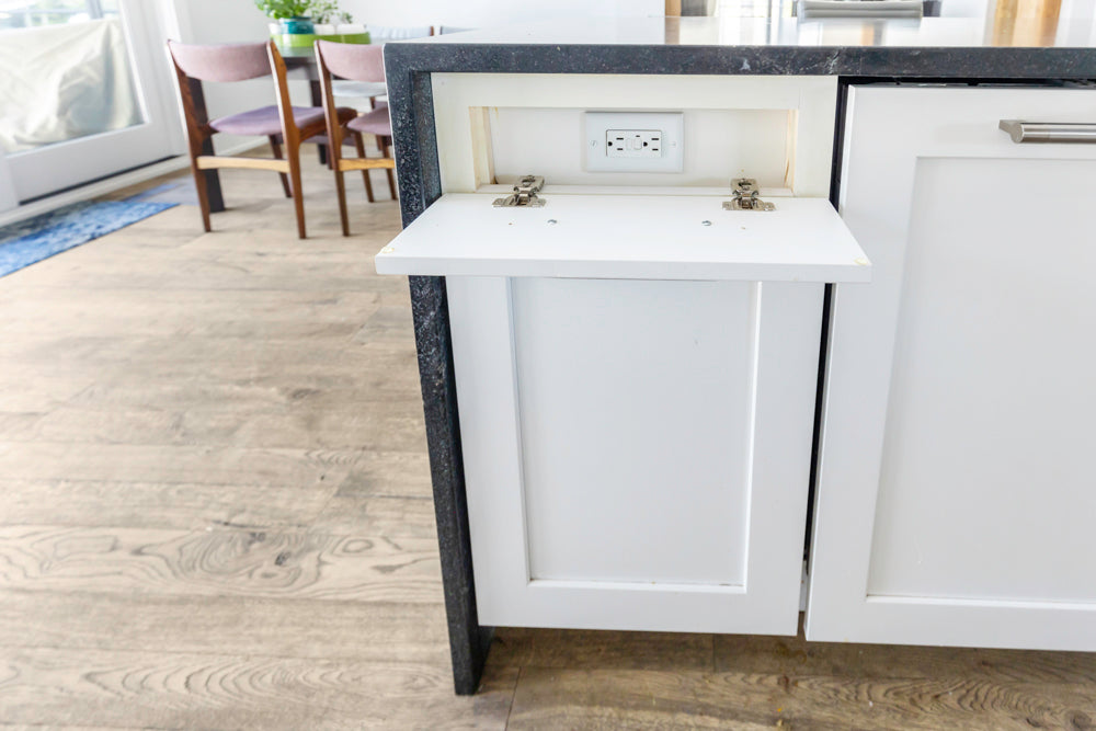 Transitional White Kitchen with Marble Waterfall Island and Thermador Appliances