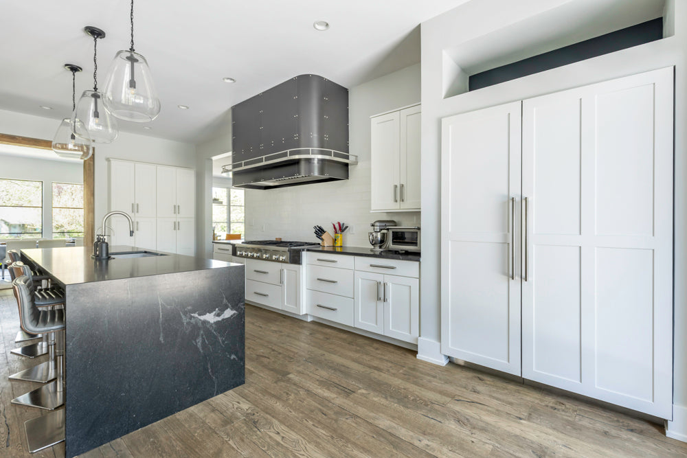 Transitional White Kitchen with Marble Waterfall Island and Thermador Appliances