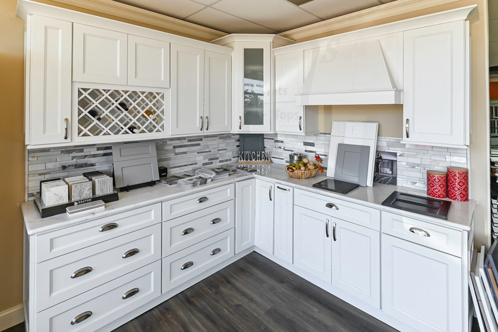 Forevermark Traditional White Kitchen Corner with White Marble Countertops