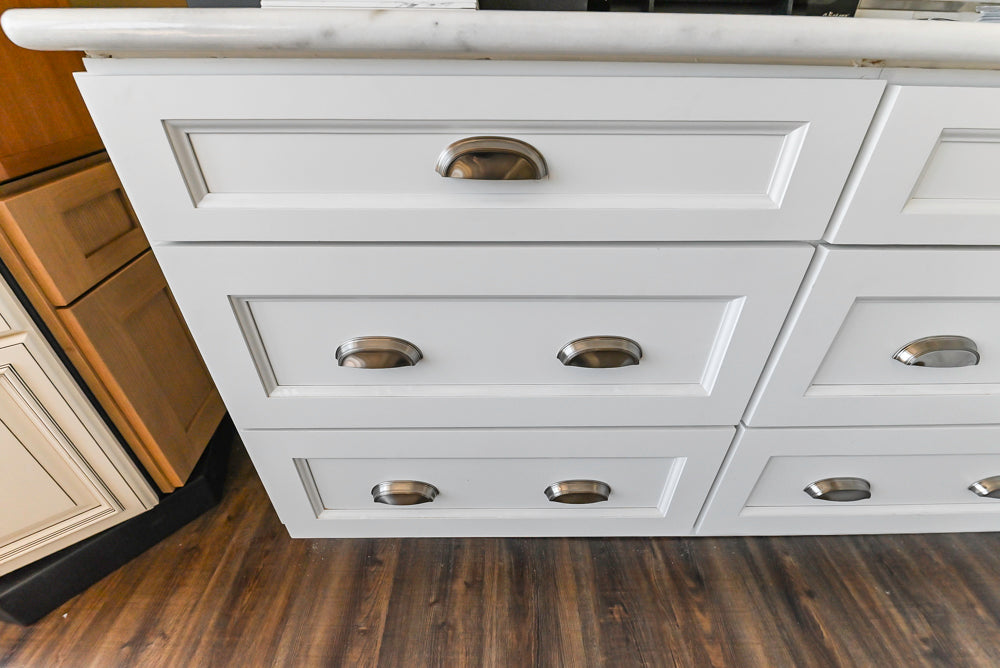 Forevermark Traditional White Kitchen Corner with White Marble Countertops