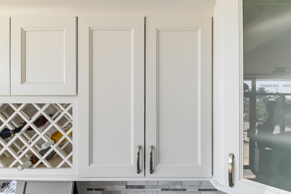 Forevermark Traditional White Kitchen Corner with White Marble Countertops
