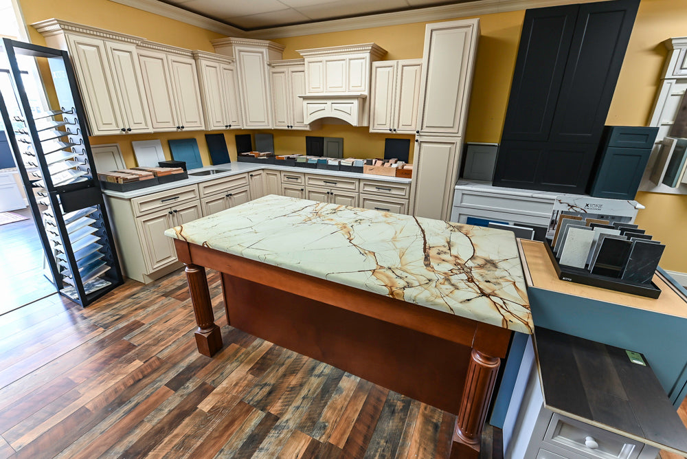 Light Cream Kitchen Corner with Quartz Countertops and Marble Top Island