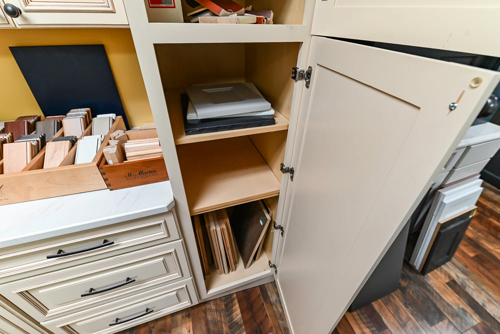 Light Cream Kitchen Corner with Quartz Countertops and Marble Top Island
