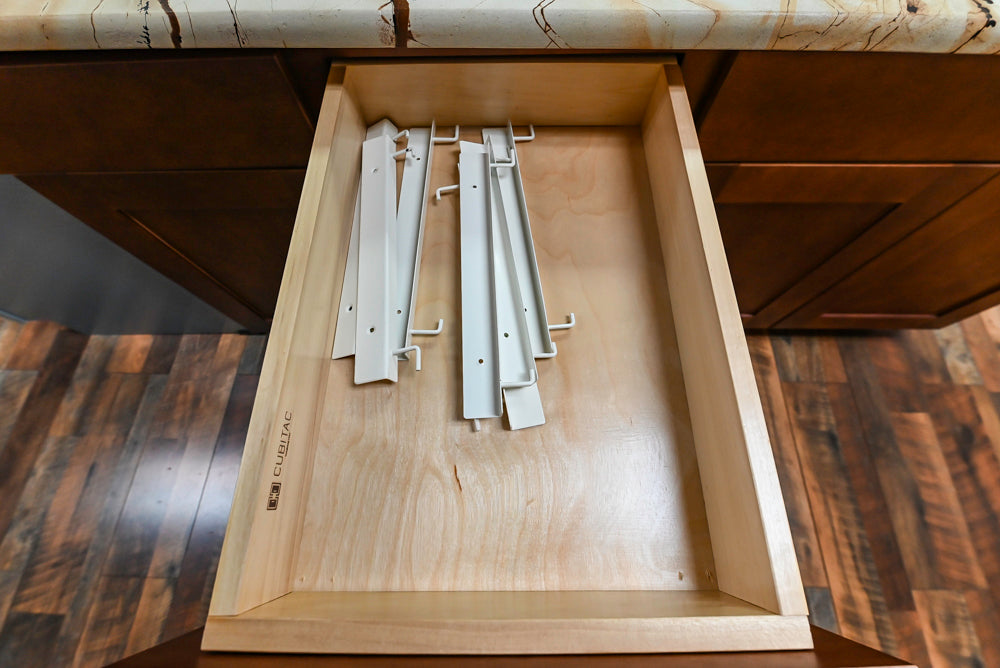 Light Cream Kitchen Corner with Quartz Countertops and Marble Top Island