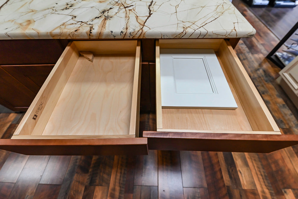 Light Cream Kitchen Corner with Quartz Countertops and Marble Top Island
