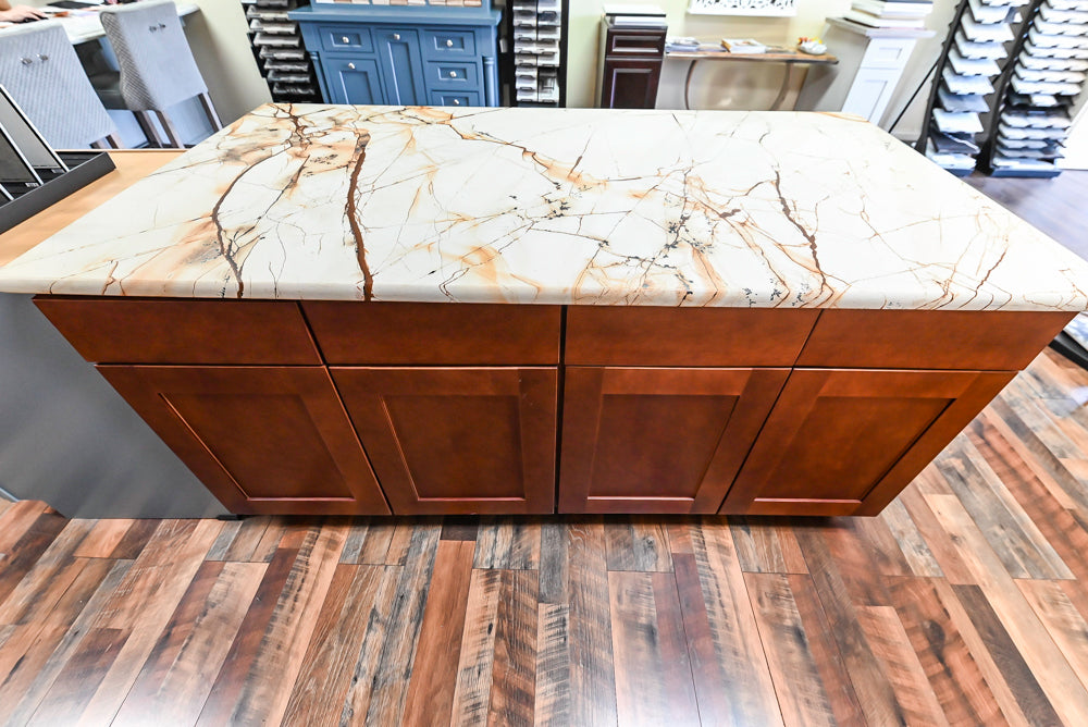 Light Cream Kitchen Corner with Quartz Countertops and Marble Top Island