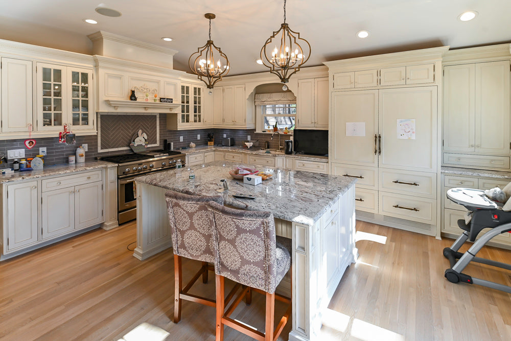 Custom Traditional Cream Kitchen with Island, Granite Countertops and 48" Range