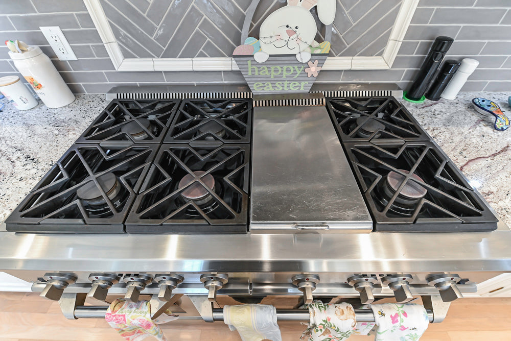 Custom Traditional Cream Kitchen with Island, Granite Countertops and 48" Range