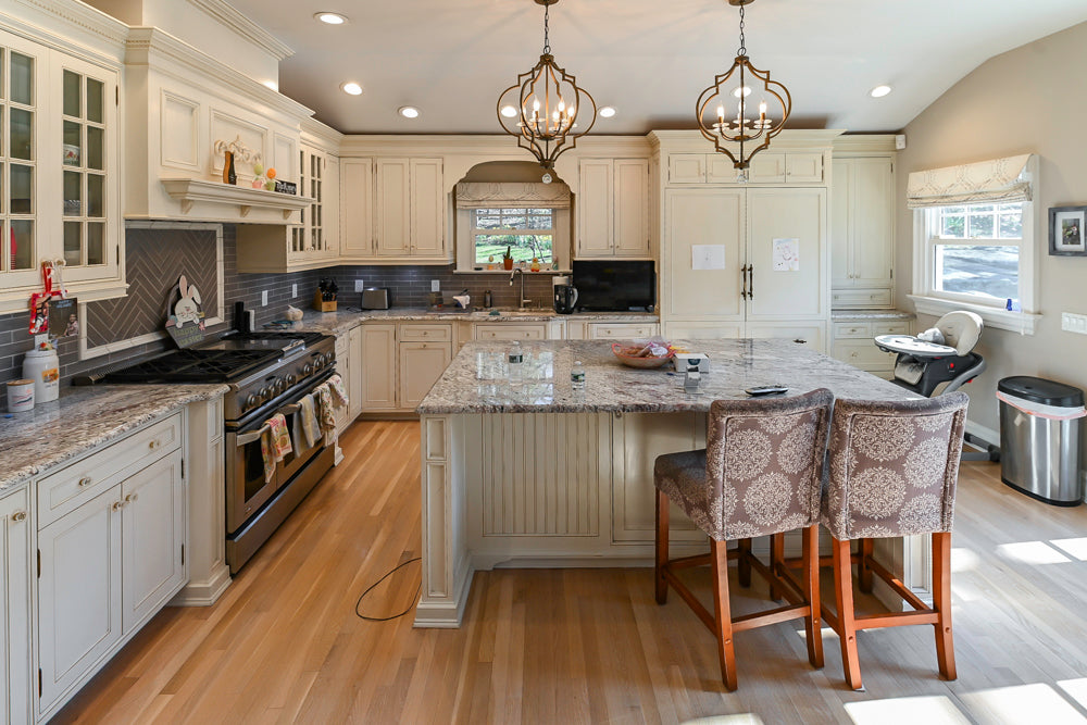 Custom Traditional Cream Kitchen with Island, Granite Countertops and 48" Range
