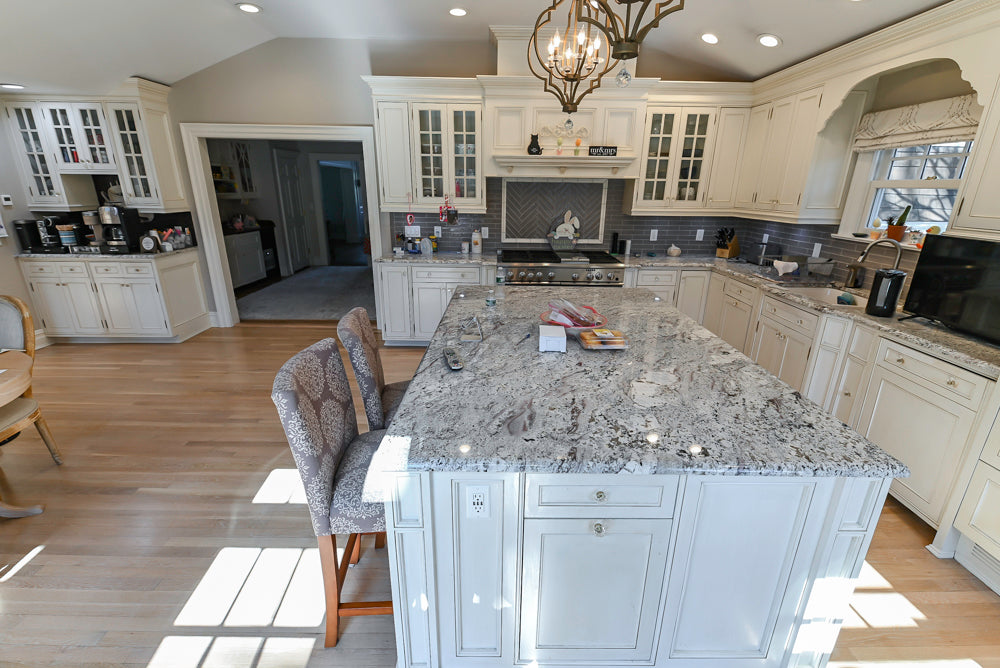 Custom Traditional Cream Kitchen with Island, Granite Countertops and 48" Range