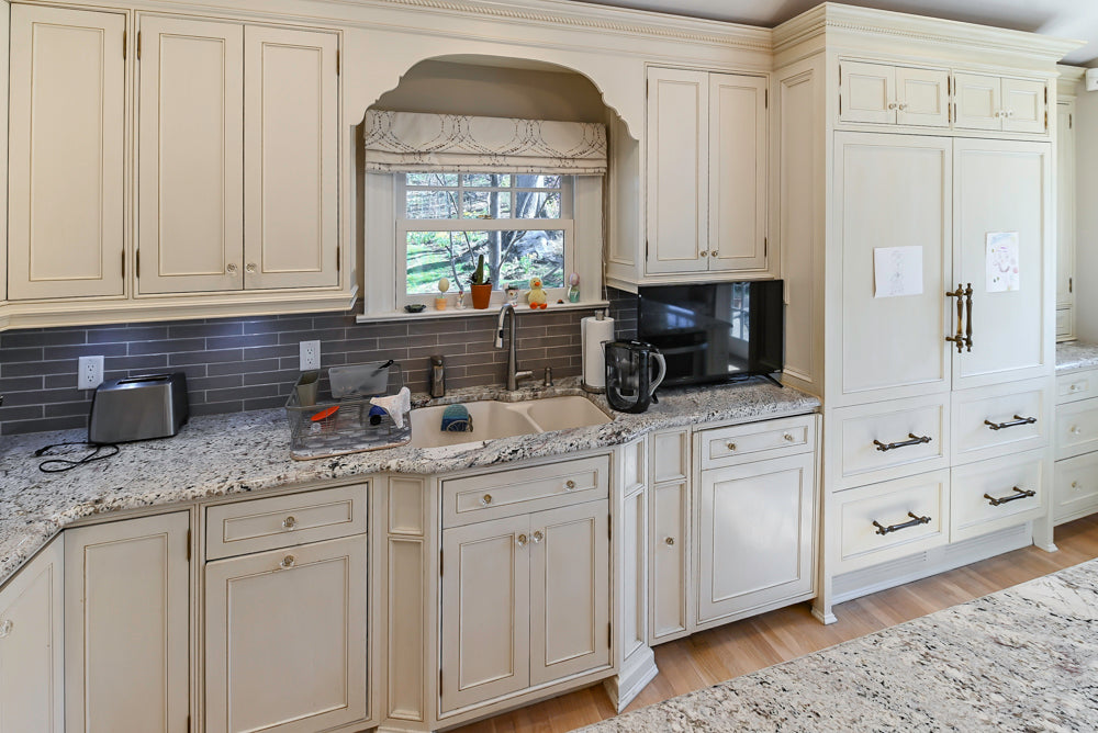 Custom Traditional Cream Kitchen with Island, Granite Countertops and 48" Range
