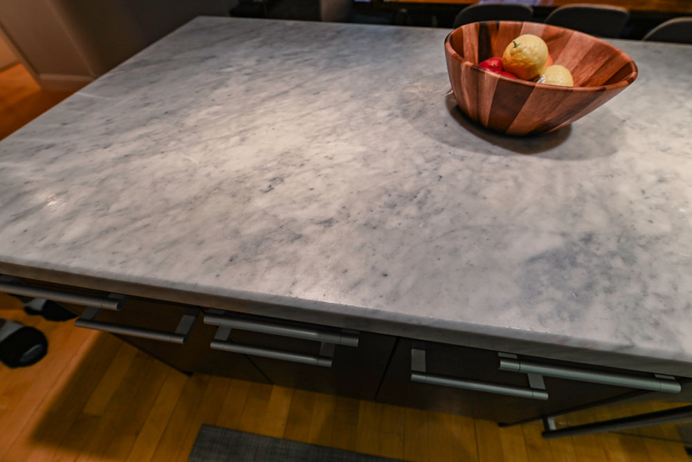 Poggenpohl Brown Toned Transitional Kitchen with Marble Countertops and Appliances