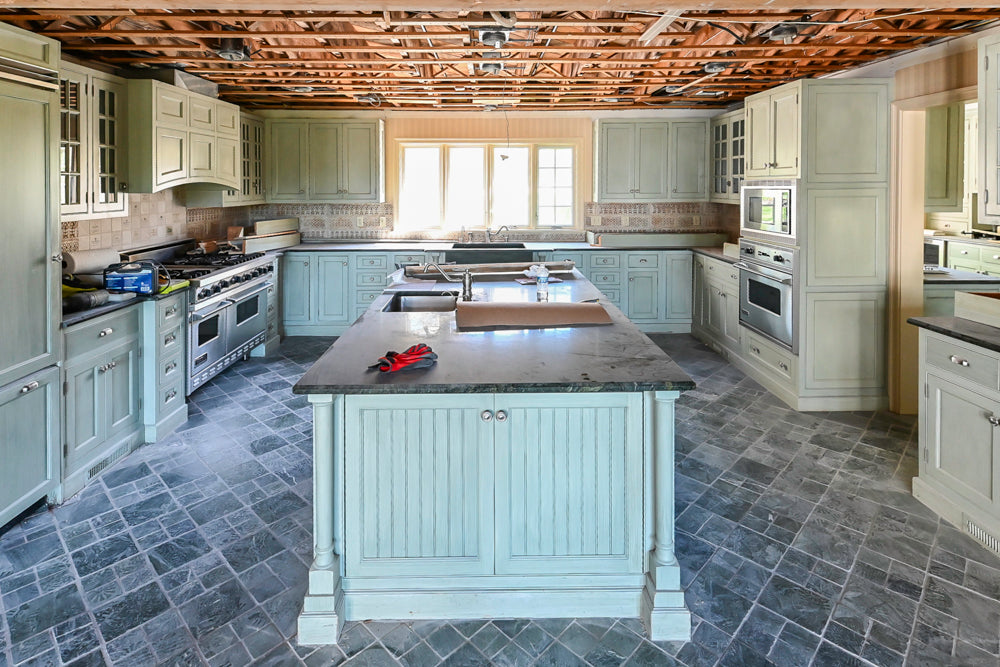 Traditional Washed Out Light Green Kitchen with Island, Granite Countertops and Viking Appliances