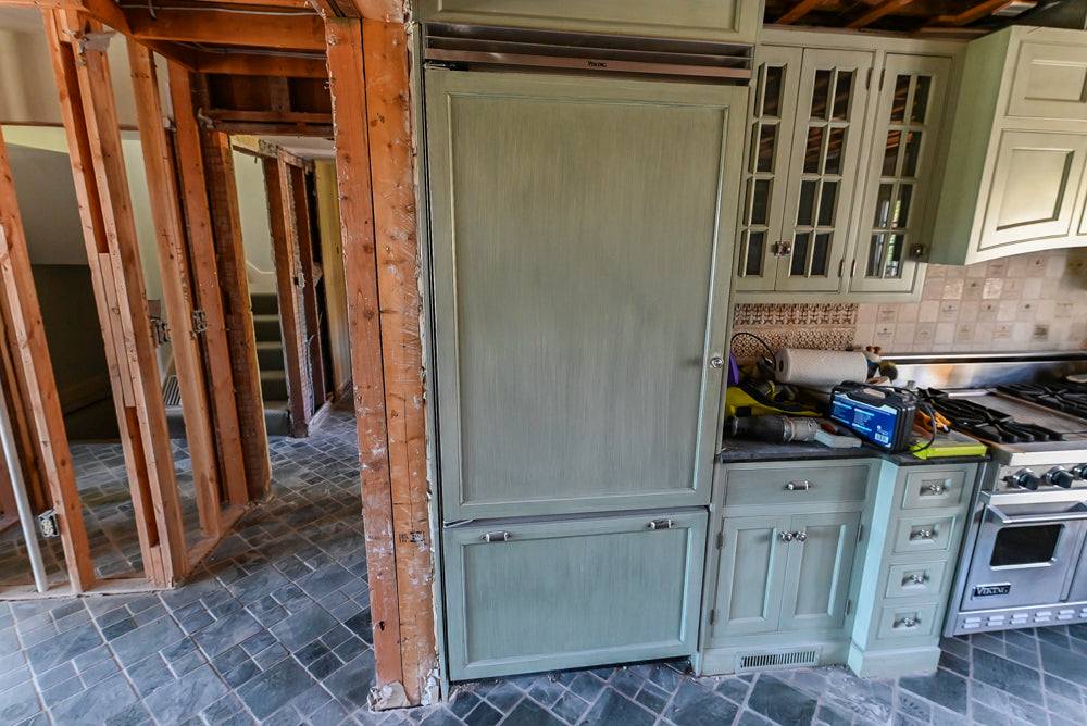 Traditional Washed Out Light Green Kitchen with Island, Granite Countertops and Viking Appliances