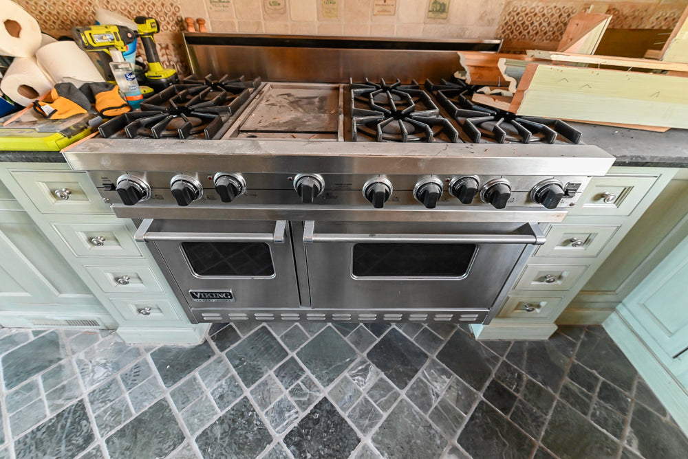 Traditional Washed Out Light Green Kitchen with Island, Granite Countertops and Viking Appliances