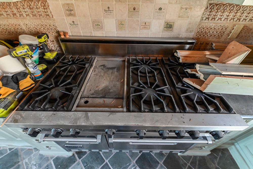 Traditional Washed Out Light Green Kitchen with Island, Granite Countertops and Viking Appliances