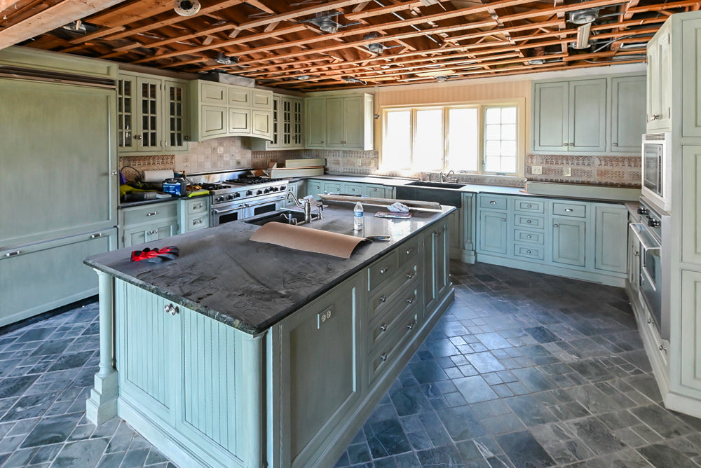 Traditional Washed Out Light Green Kitchen with Island, Granite Countertops and Viking Appliances