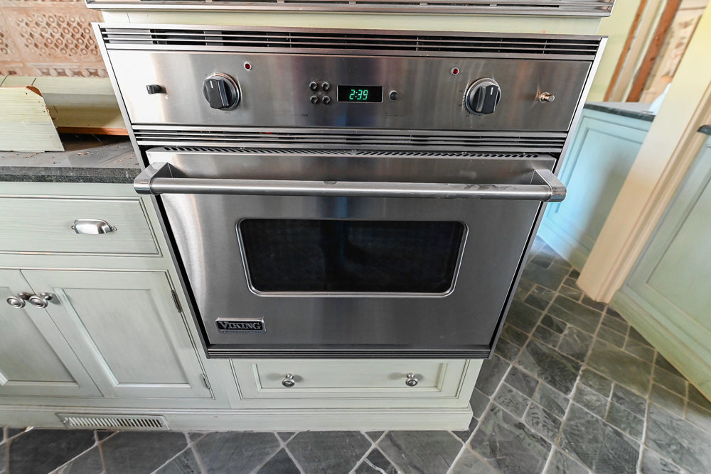Traditional Washed Out Light Green Kitchen with Island, Granite Countertops and Viking Appliances