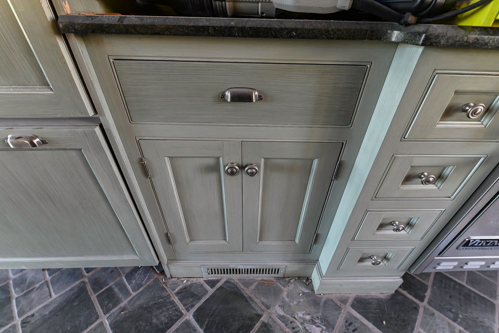 Traditional Washed Out Light Green Kitchen with Island, Granite Countertops and Viking Appliances
