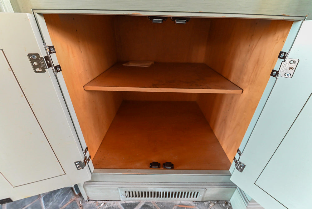 Traditional Washed Out Light Green Kitchen with Island, Granite Countertops and Viking Appliances