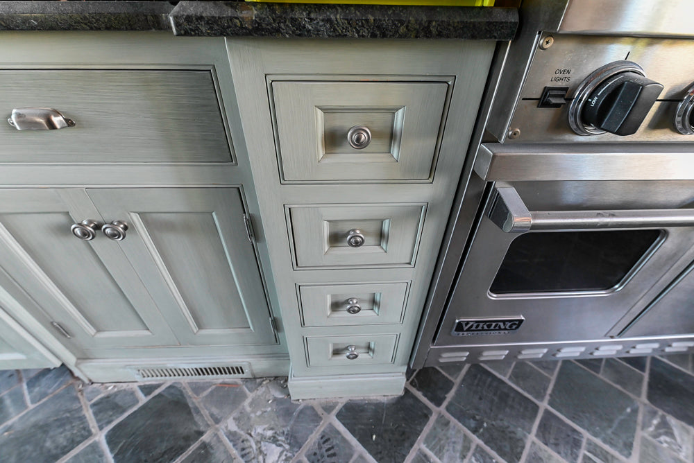 Traditional Washed Out Light Green Kitchen with Island, Granite Countertops and Viking Appliances