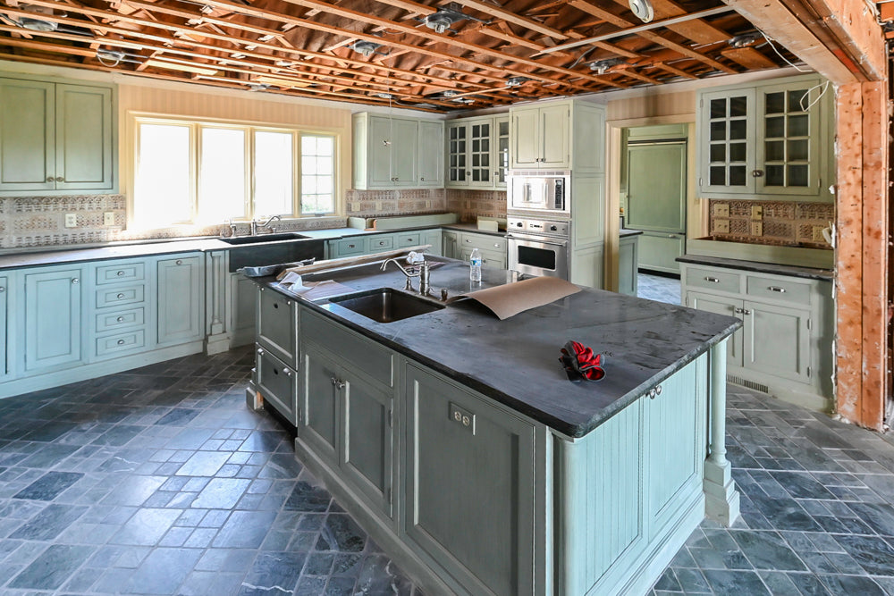 Traditional Washed Out Light Green Kitchen with Island, Granite Countertops and Viking Appliances