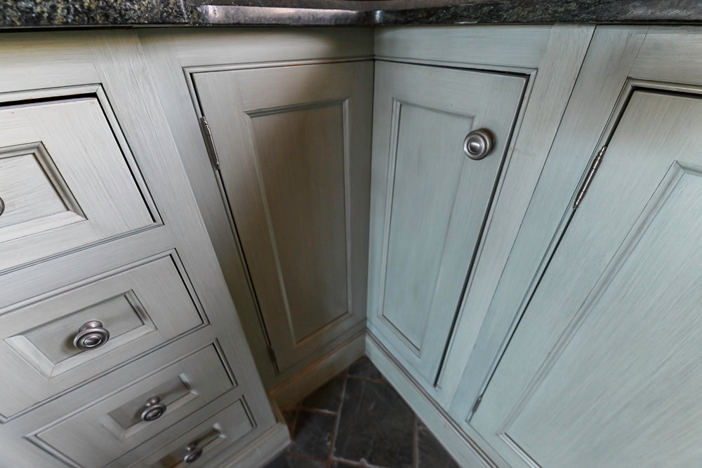 Traditional Washed Out Light Green Kitchen with Island, Granite Countertops and Viking Appliances