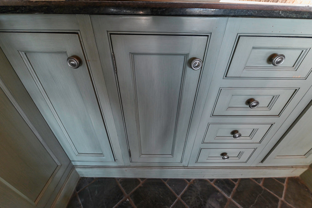 Traditional Washed Out Light Green Kitchen with Island, Granite Countertops and Viking Appliances