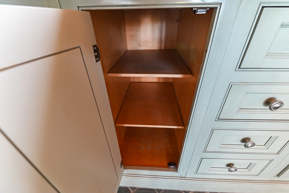 Traditional Washed Out Light Green Kitchen with Island, Granite Countertops and Viking Appliances