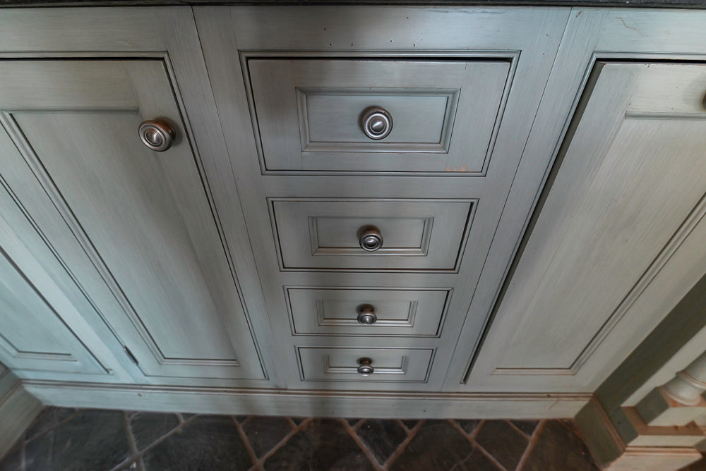 Traditional Washed Out Light Green Kitchen with Island, Granite Countertops and Viking Appliances