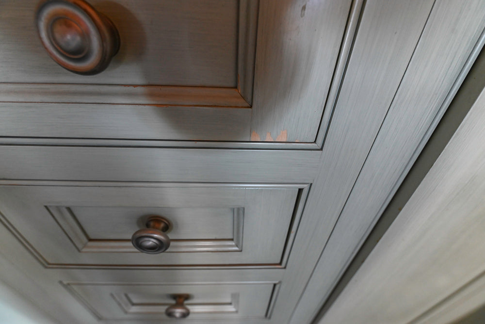 Traditional Washed Out Light Green Kitchen with Island, Granite Countertops and Viking Appliances