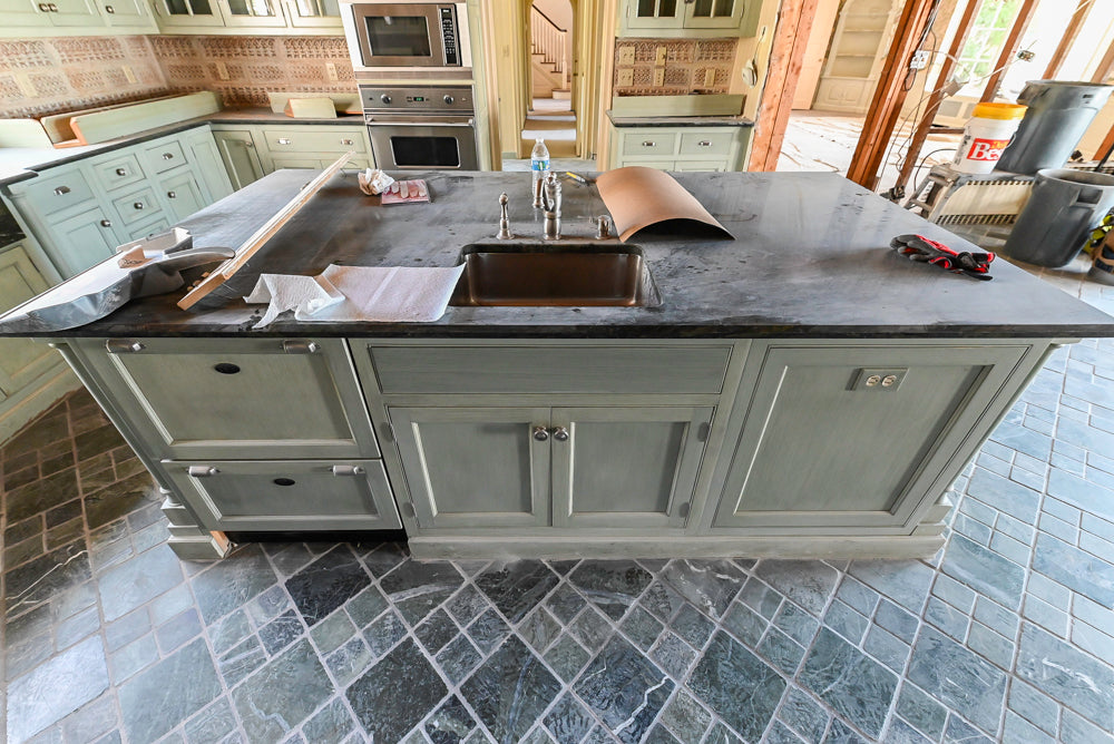 Traditional Washed Out Light Green Kitchen with Island, Granite Countertops and Viking Appliances