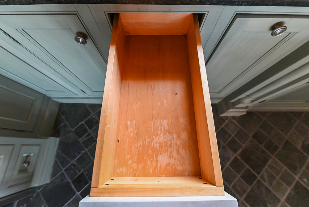 Traditional Washed Out Light Green Kitchen with Island, Granite Countertops and Viking Appliances