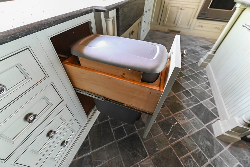 Traditional Washed Out Light Green Kitchen with Island, Granite Countertops and Viking Appliances