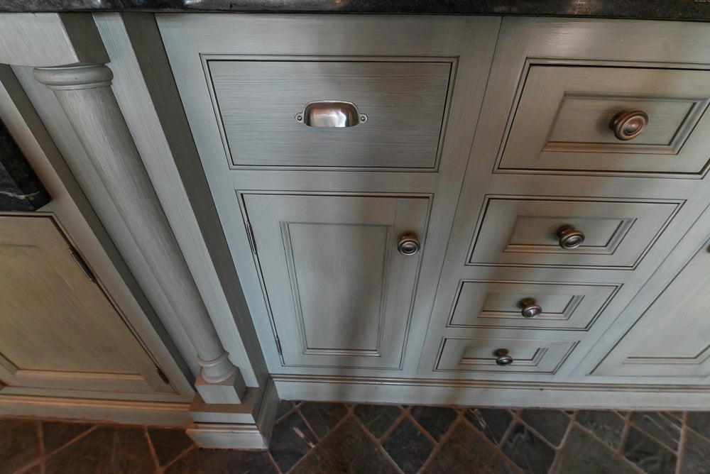 Traditional Washed Out Light Green Kitchen with Island, Granite Countertops and Viking Appliances