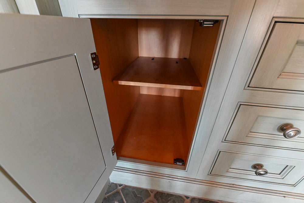 Traditional Washed Out Light Green Kitchen with Island, Granite Countertops and Viking Appliances