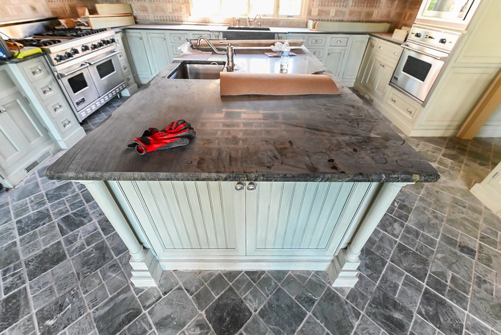 Traditional Washed Out Light Green Kitchen with Island, Granite Countertops and Viking Appliances