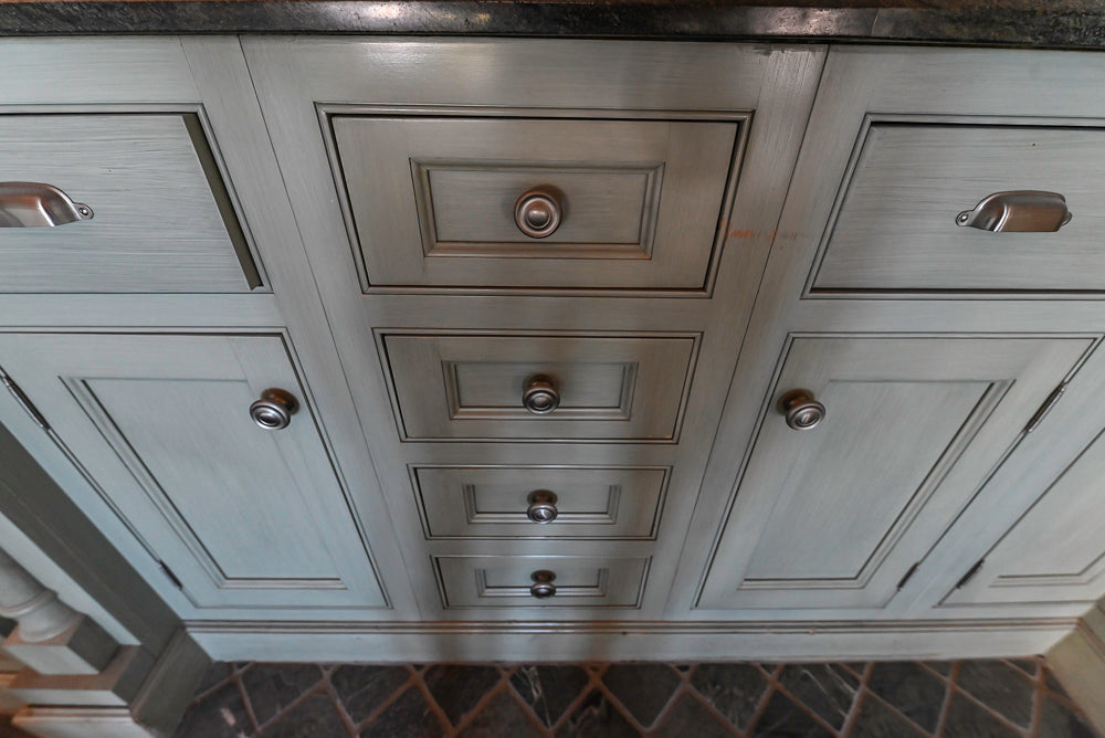 Traditional Washed Out Light Green Kitchen with Island, Granite Countertops and Viking Appliances