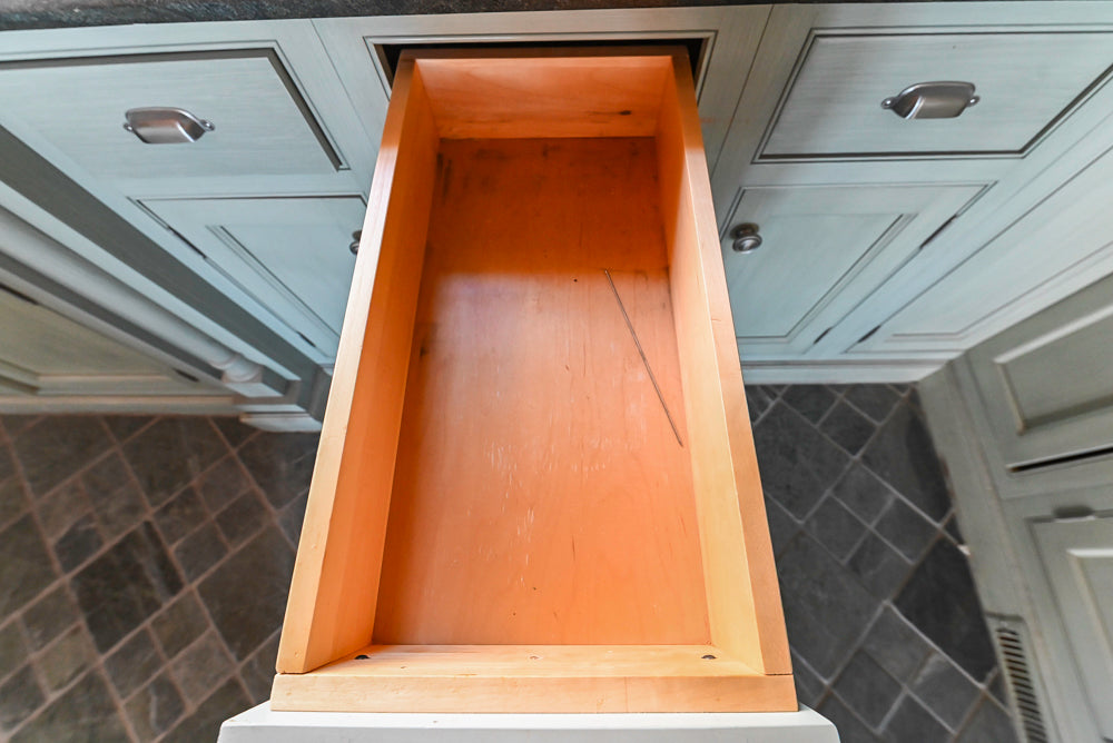 Traditional Washed Out Light Green Kitchen with Island, Granite Countertops and Viking Appliances