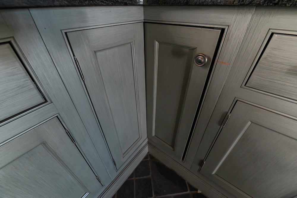 Traditional Washed Out Light Green Kitchen with Island, Granite Countertops and Viking Appliances