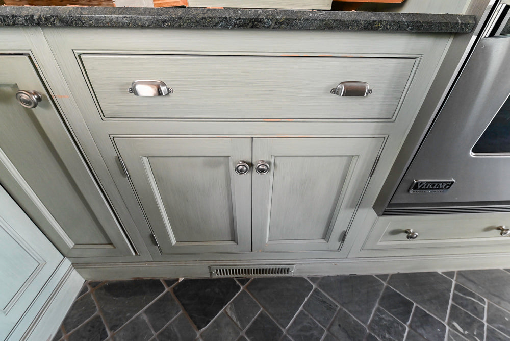 Traditional Washed Out Light Green Kitchen with Island, Granite Countertops and Viking Appliances