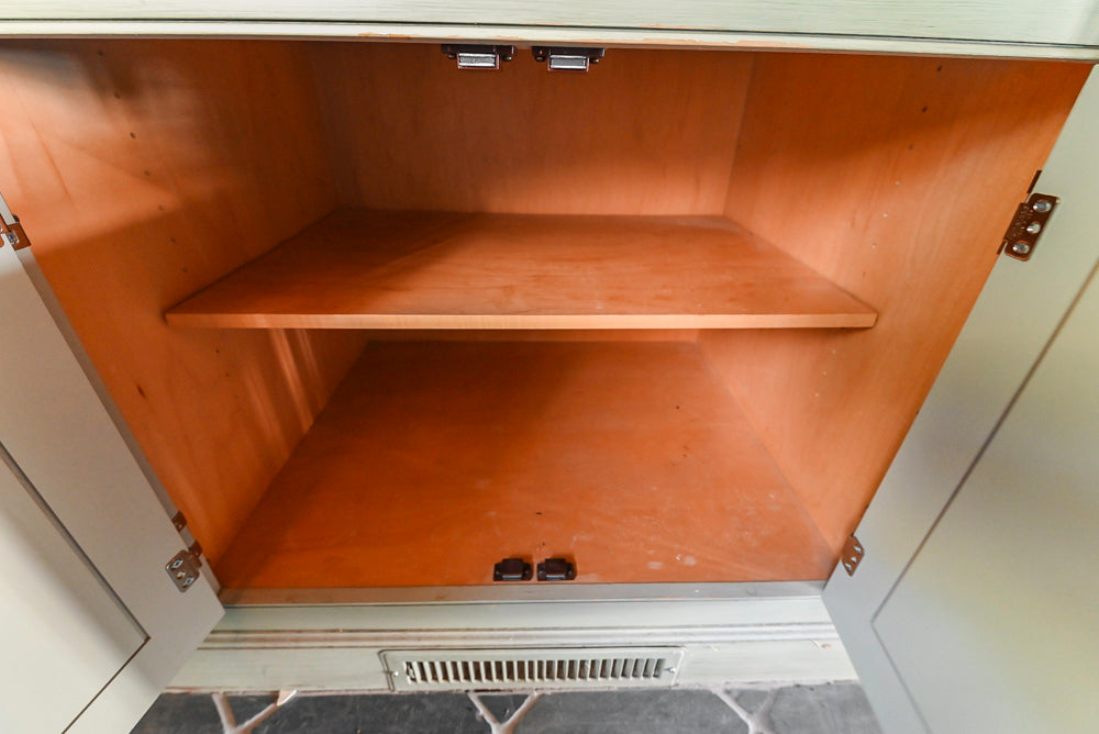 Traditional Washed Out Light Green Kitchen with Island, Granite Countertops and Viking Appliances